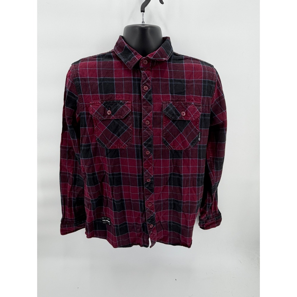 Fox Racing Flannel Shirt Mens MD Burgundy Black Plaid Long Sleeve Button Up‎ - Picture 2 of 7